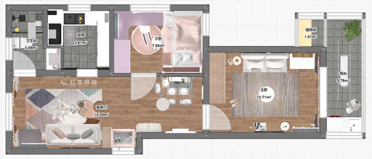 张桐玮｜复成里15-301-66㎡-现代简约风格｜2室1厅1卫｜旧房改造｜定制家￥86000｜全包10万｜00_04平面彩图